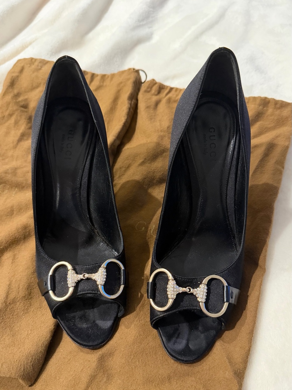 Gucci Black Satin Peep-Toe Pumps with Crystal Horsebit Hardware